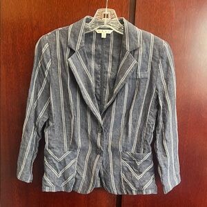CAbi Navy and White Striped Linen Blend Blazer